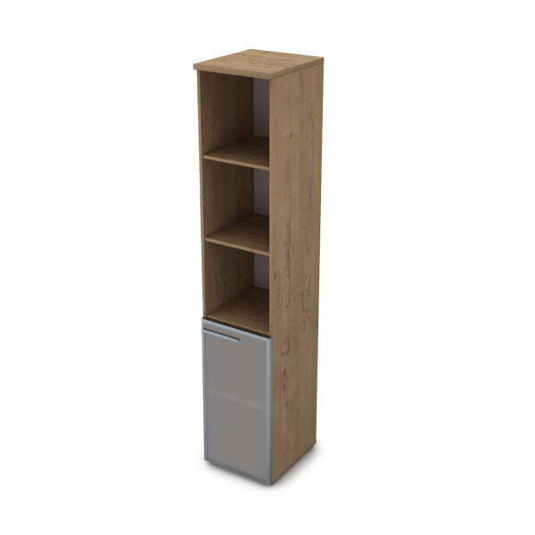9ПЛ.005.21 Пенал высокий со стеклом и открытыми полками (400x450x2045), левый (Teakwood)